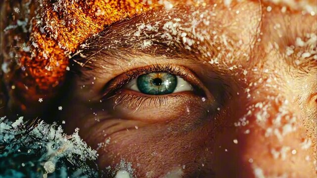 close-up of a man's eye gazing at the camera, with a prominent eyebrow and part of an orange hat covered in frost, conveying a winter atmosphere. concept of winter fashion, photography, outdoor gear.
