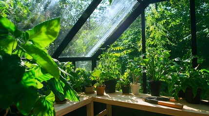 Lush indoor greenhouse filled with vibrant plants, sunlight streaming through glass, serene atmosphere