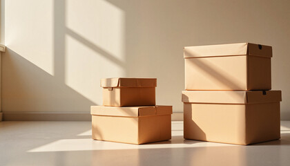 Stack of foldable boxes in minimalist office with warm light, organization