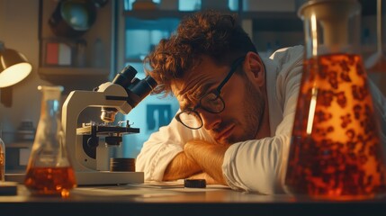 Naklejka premium science research, work and people concept - tired male scientist with microscope working in laboratory