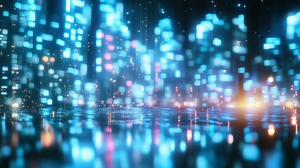 A vibrant, abstract cityscape with glowing lights reflecting on a wet surface.
