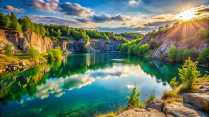 Fototapeta premium Serene Summer Lake at Abandoned Quarry: Stunning Landscape Photography