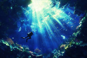 Underwater diver exploring sunlit coral cave with marine life