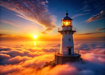 Serene Sunset Lighthouse: Foggy Seascape Coastal Scene