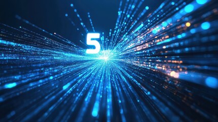 Blue light streak and fiber optic illustrating the speed and futuristic technology of 5G or 6G wireless data transmission, suitable for high-speed internet concepts.