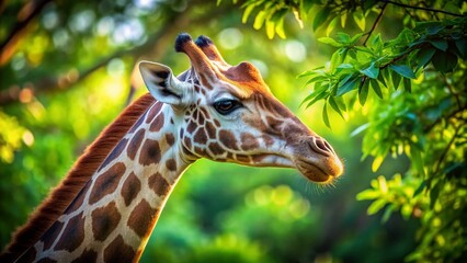 Obraz premium Giraffe Profile Close-Up, Long Exposure, Green Tree Background - Wildlife Stock Photo