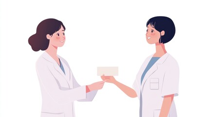 Two female doctors exchanging a card, smiling.