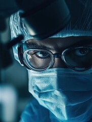 A horizontal closeup of a veteran surgeon wearing an advanced surgical loupe during an operation