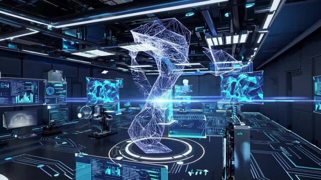 Exploring advanced technology in a futuristic digital environment with interactive displays. Futuristic HUD, FUI, FVX style.
