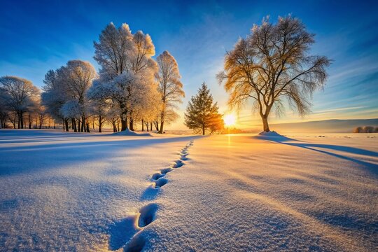 Serene Winter Morning: Lone Footprint in Fresh Snow with Long Shadows