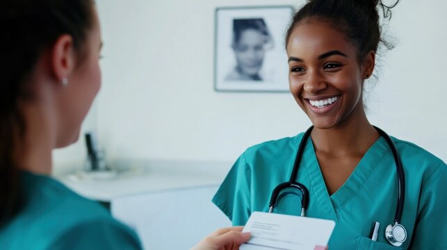 Two happy female nurses smiling and exchanging a document in a medical office.