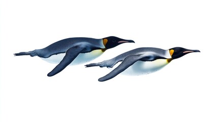 Naklejka premium Two king penguins gracefully swimming underwater, isolated on white.
