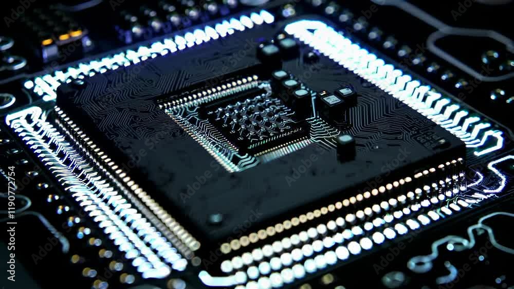 Poster exploring the intricacies of a black microchip showcasing detailed circuit patterns and components