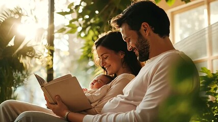 Father reading to baby bump while mother smiles