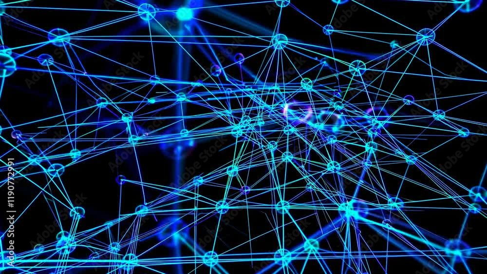 Poster exploring the complexity of digital networks with vibrant blue designs and interconnected nodes