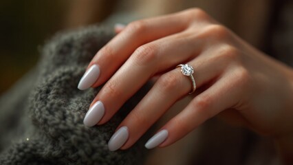 Elegant close-up of a hand with a gold diamond engagement ring, featuring soft, pale pink manicured nails and a cozy gray knit background.
Gros plan &eacute;l&eacute;gant d'une main portant une bague de fian&ccedil;ailles