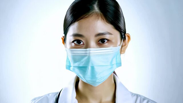 Female healthcare professional wearing a light blue surgical mask and white lab coat, standing against a plain background with soft lighting