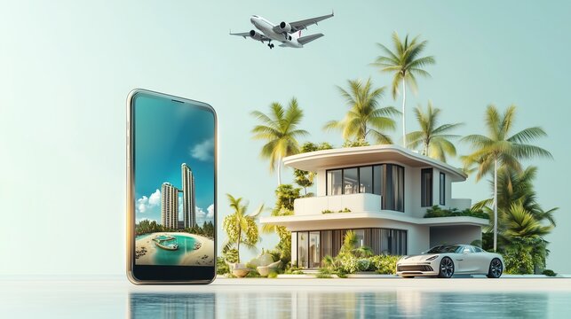 Surreal Scene of Phuket Landmarks, Luxury Car, and Flying Airplane Blending with a Modern House Emanating from a Smartphone in Warm, Aqua Tones - Powered by Adobe