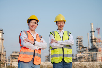 A female Asian engineer poses with her arms crossed and pointing while wearing a safety uniform in front of an oil refinery while inspecting operations in the refinery area. industrial engineer