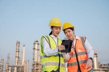 Two female Asian engineers in safety uniforms stand in front of an oil refinery with walkie-talkies and tablets, monitoring the background work of the power plant. Petrochemical Gas Industrial Zone