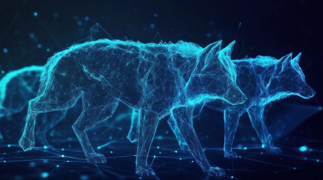 Two digital wolves rendered in glowing blue lines, walking on a dark, network-like surface.