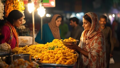 Woman Purchasing Yellow Flowers at a Vibrant Night Market