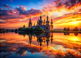 Naklejka premium Silhouette of a majestic Russian cathedral at sunset, reflecting in calm water.