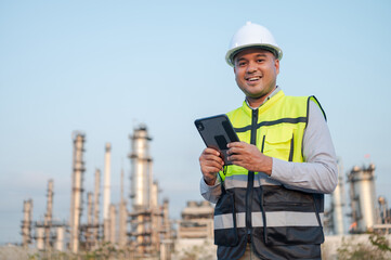 Asian male engineer wearing a safety uniform stands in front of an oil refinery with a tablet device monitoring the work in the background of the oil refinery. Petrochemical Gas Industrial Zone