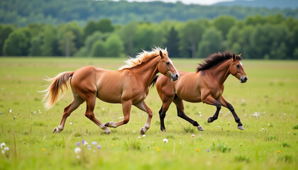 Fototapeta premium Wild stallions racing across lush prairie, freedom and vitality
