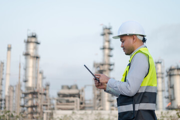 Asian male engineer wearing a safety uniform stands in front of an oil refinery with a tablet device monitoring the work in the background of the oil refinery. Petrochemical Gas Industrial Zone