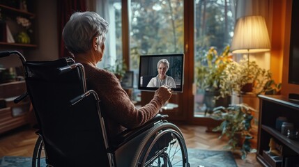 Back view of senior woman sitting in wheelchair making video call with her doctor while staying at home during covid pandemic. Sick woman in online consultation from home: distance and tele health.