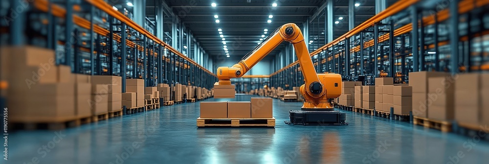 Poster advanced robotic arm operating in a modern smart warehouse environment for efficient logistics and a