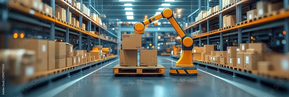 Poster advanced robotic arm handling boxes in a modern smart warehouse environment with efficient automatio