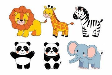 Obraz premium Adorable Cartoon Animals Lion Giraffe Zebra Pandas Elephant