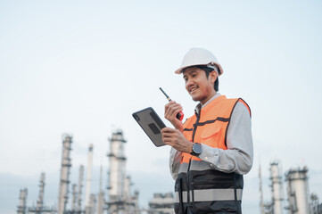 Smiling Asian male engineer wearing safety uniform standing in front of oil refinery with tablet device Radio communication to monitor oil refinery operations Petrochemical Gas Industry Engineer