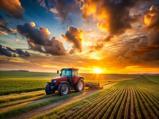 Fototapeta premium Golden Hour Tractor: Rural Sunset Landscape Photography