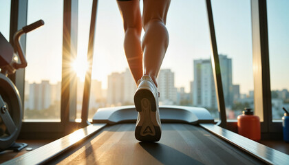 Toned legs running on treadmill with city view, morning motivation