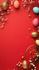 Festive Minimalist Easter Celebration Design Featuring Colorful Eggs and Floral Elements on Red Background Perfect for Chinese New Year and Easter Themes