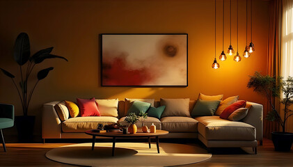 Living room with sofa, chair, table, hanging lamps and a picture on the wall