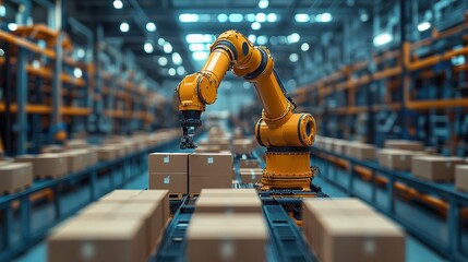 Fototapeta premium Advanced Robotic Arm in a Modern Smart Warehouse Environment Handling Packages Efficiently and Effectively