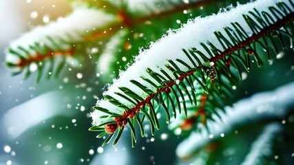 Snow covered pine branches create a tranquil winter atmosphere, evoking feelings of peace and beauty