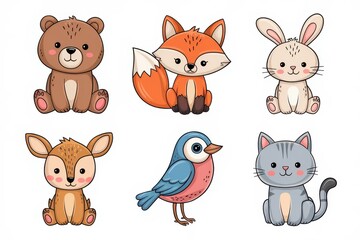 Fototapeta premium Adorable Cartoon Animals Sitting Together