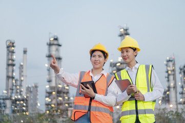 Smiling Asian female engineer, pointing, wearing a safety uniform, standing in front of an oil refinery with a tablet device. To inspect the factory work Petrochemical Gas Industry Engineer