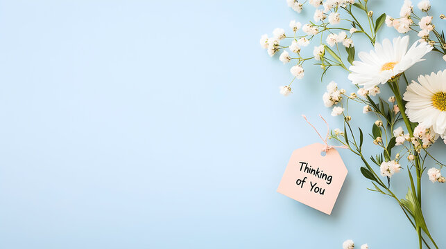 Delicate arrangement of white daisies and baby's breath on a soft blue background with a 'Thinking of You' tag, ideal for greeting cards, sympathy notes, or personal messages. Selective focus