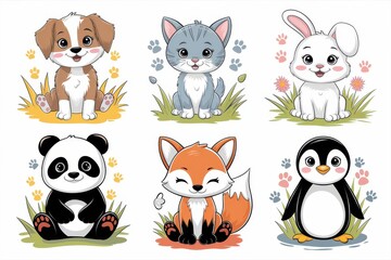 Obraz premium Adorable Cartoon Animals Sitting in Grass