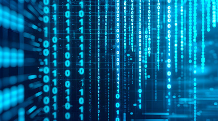 Blue binary data streams on a dark computer screen, symbolizing digital processing and the power of modern technology.