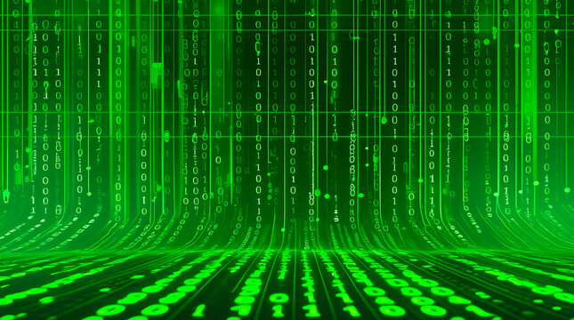 Futuristic computer screen with glowing green binary data, illustrating the rhythm and pulse of technology and innovation.