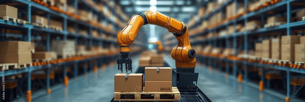 Poster advanced robotic arm in a modern smart warehouse for efficient logistics and automated package handl