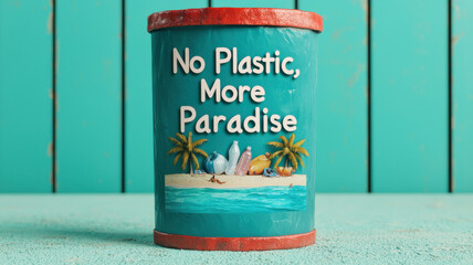 Trash on Beaches and Grand Ocean Pollution Concept, No plastic, more paradise message on colorful canister