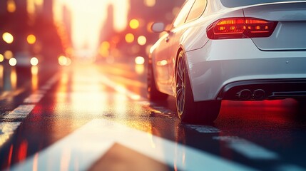 Obraz premium Sleek White Car on a Vibrant City Street, Golden Hour Reflections, Urban Bokeh Background